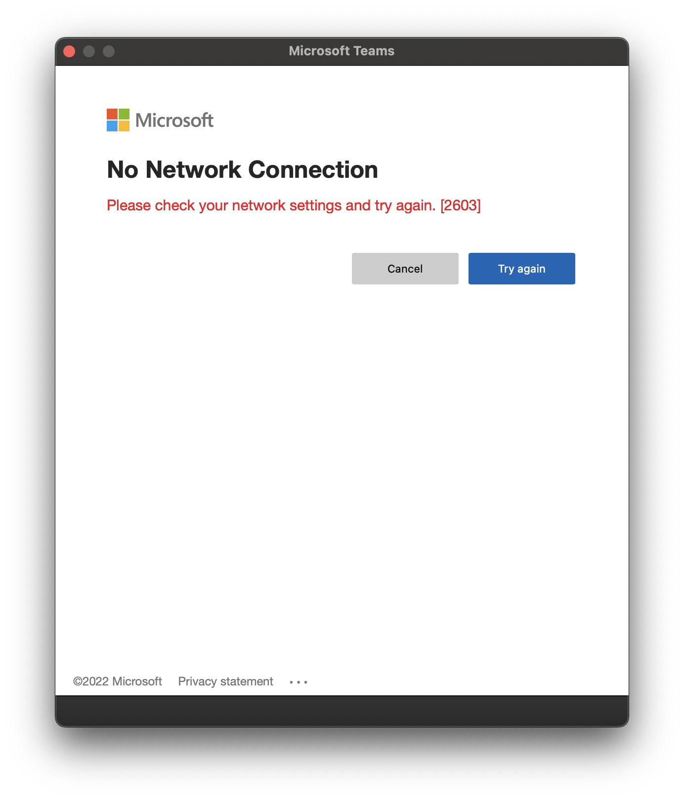 Microsoft Teams Network Connection error 2603